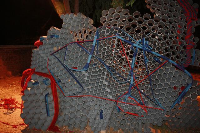 Yarn wrapped on plastic pipes at Kanoria Centre for Arts in Ahmedabad. Yarn wrapped on plastic pipes at Kanoria Centre for Arts in Ahmedabad.