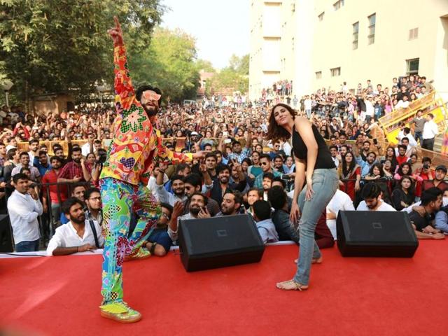 Here, they are at the Faculty of Law, University of Delhi, to launch the latest song on Wednesday. Though Ranveer is known for his quirky dressing sense, he has taken it to another level altogether this time. Do notice his winged shoes. (IANS) Here, they are at the Faculty of Law, University of Delhi, to launch the latest song on Wednesday. Though Ranveer is known for his quirky dressing sense, he has taken it to another level altogether this time. Do notice his winged shoes. (IANS)