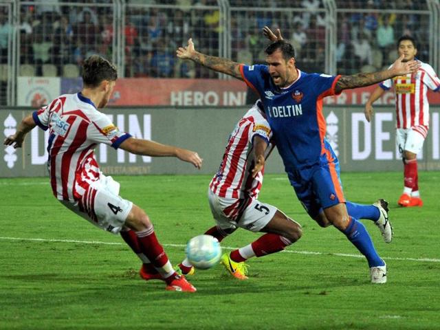 Action from the FC Goa and Mumbai City FC match in the Indian Super League in Fatorda on Thursday. (PTI) Action from the FC Goa and Mumbai City FC match in the Indian Super League in Fatorda on Thursday. (PTI)