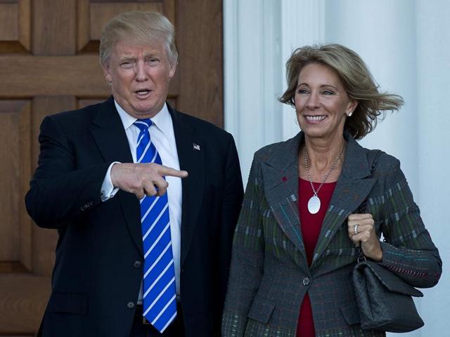 US President-elect Donald Trump announced on Wednesday that he intends to nominate Betsy DeVos, a wealthy Republican campaigner for alternatives to public schools, as his education secretary. (AFP) US President-elect Donald Trump announced on Wednesday that he intends to nominate Betsy DeVos, a wealthy Republican campaigner for alternatives to public schools, as his education secretary. (AFP)