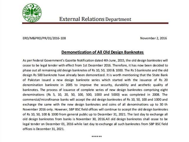 Notification issued by State Bank of Pakistan on November 2 about the demonetisation of old design notes. (Screengrab)