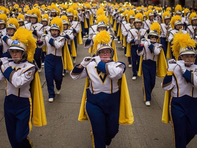 Members of the West Virginia University Marching Band march along. (AP) Members of the West Virginia University Marching Band march along. (AP)