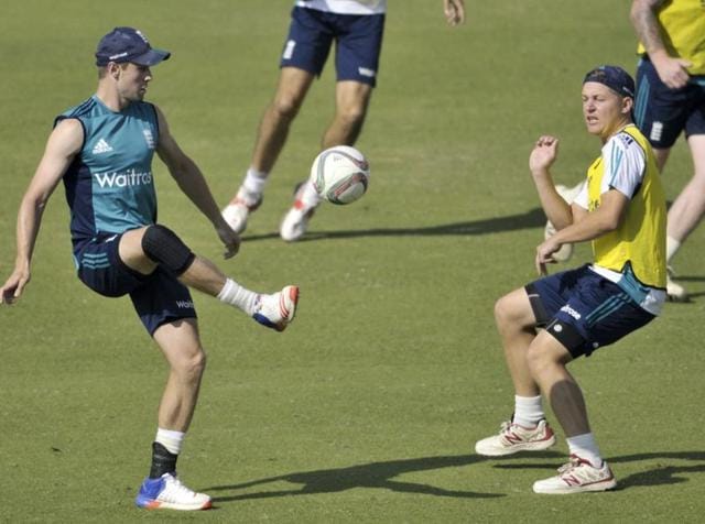 And it was evident from the way they played the training game that the English are very serious about their football. And on Saturday, when the third India vs England Test match starts in Mohali, it is a given that they will be very serious about going for a win and levelling the five-match series. (ravi kumar/ht photo)
