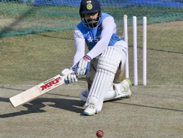 India captain Virat Kohli looked in fine nick and is set to carry on the good form from the second Test in Visakhapatnam. He had an extended session at the nets, and knocked the ball around with near perfect precision and timing. (Ravi kumar/ht photo)