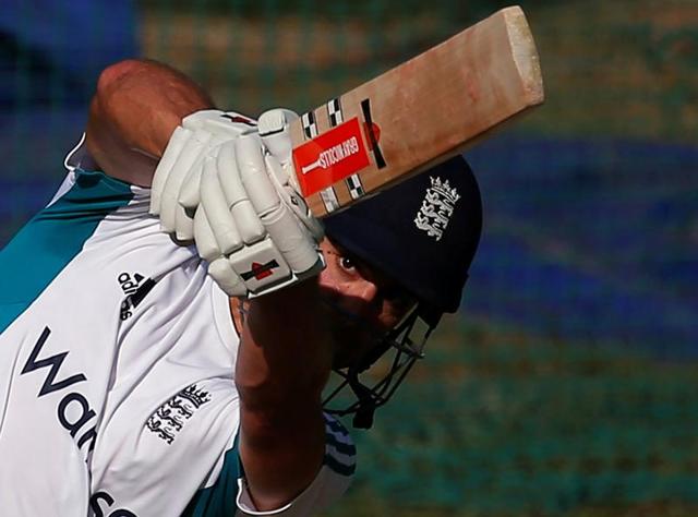 England captain Alastair Cook was a picture of focus and poise as he went through the batting session at the nets. He will be looking to hit a big one in Mohali. (REUTERS)