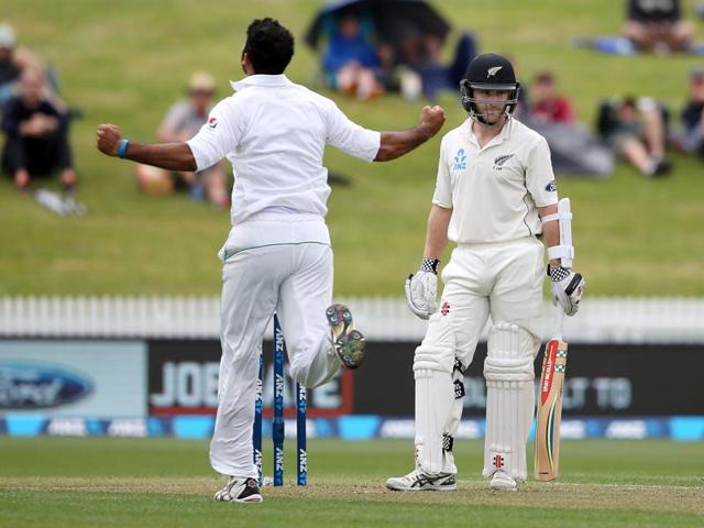 Kane Williamson’s controversial dismissal highlighted a wet opening day of the second Test between New Zealand and Pakistan in Hamilton. (AFP) Kane Williamson’s controversial dismissal highlighted a wet opening day of the second Test between New Zealand and Pakistan in Hamilton. (AFP)