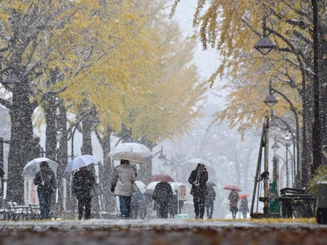 Pedestrians walk in snowfall in Tokyo. (AFP Photo) 