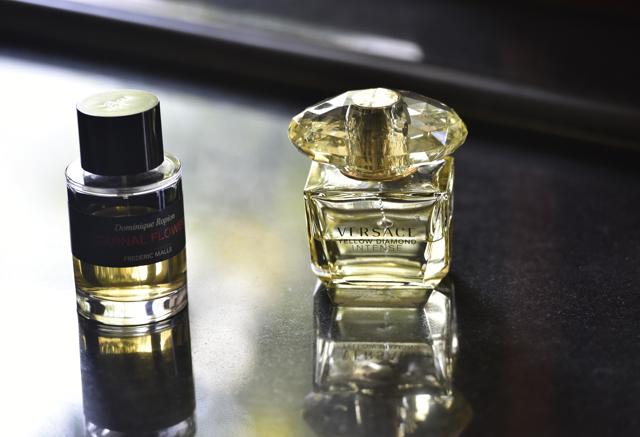 A Versace perfume bottle from her collection (left). (Anshuman Poyrekar/HT PHOTO)