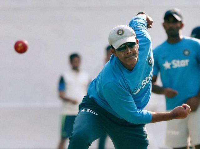 India coach Anil Kumble took over the bowling duties at the nets, showing the young guns how to do it with the cherry. He did trouble the batsmen with a couple of his flippers. (PTI)