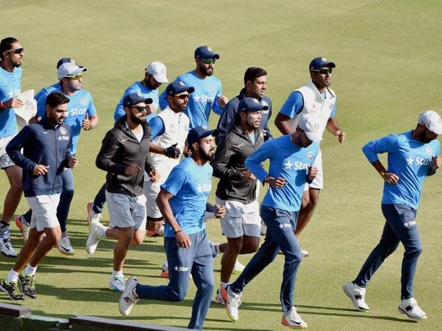 The Indian team had a full-fledged training session on Friday, ahead of the third Test against England which begins at the PCA Stadium in Mohali on Saturday. Starting with a group warm-up run, which was followed by sessions in the nets where Virat Kohli and the entire batting line-up took turns facing the bowlers, who were taken through the drill by coach Anil Kumble. The coach himself had a go at the batsmen later. (PTI)