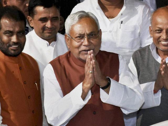 Bihar CM Nitish Kumar, centre, arrives for the first day of the winter session of Bihar assembly, in Patna on Friday. (PTI) Bihar CM Nitish Kumar, centre, arrives for the first day of the winter session of Bihar assembly, in Patna on Friday. (PTI)