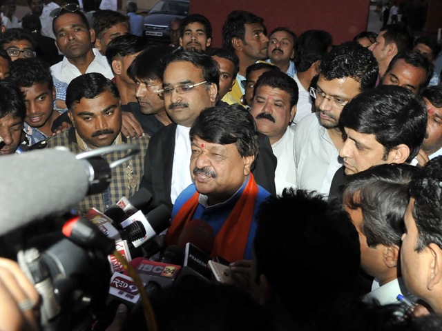 National BJP general secretary Kailash Vijayvargiya after the hearing at High Court in Indore on Friday.(Arun Mondhe / HT Photo)