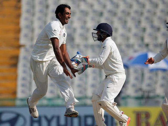 Jayant Yadav (left) celebrates with Parthiv Patel and Cheteshwar Pujara, the wicket of England's Joe Root. Jayant, Ravindra Jadeja and Ravichandran Ashwin systematically decimated the England batting line-up on Day 1 of the third Test in Mohali on Saturday. (REUTERS) Jayant Yadav (left) celebrates with Parthiv Patel and Cheteshwar Pujara, the wicket of England's Joe Root. Jayant, Ravindra Jadeja and Ravichandran Ashwin systematically decimated the England batting line-up on Day 1 of the third Test in Mohali on Saturday. (REUTERS)