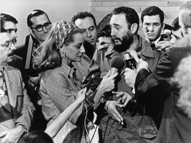 In this May 7, 1975 file photo, Cuba’s leader Fidel Castro, center right, responds to a question from American NBC reporter Barbara Walters at a news conference granted to members of the U.S. press covering Sen. George McGovern’s trip to Cuba, in Havana, Cuba.  (AP) 