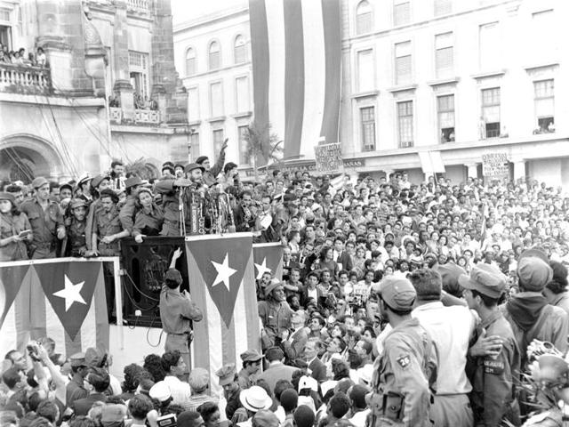 In this January 1959 file photo, Cuba's leader Fidel Castro addresses a crowd in a park in front of the presidential palace in Havana, Cuba.  (AP) 