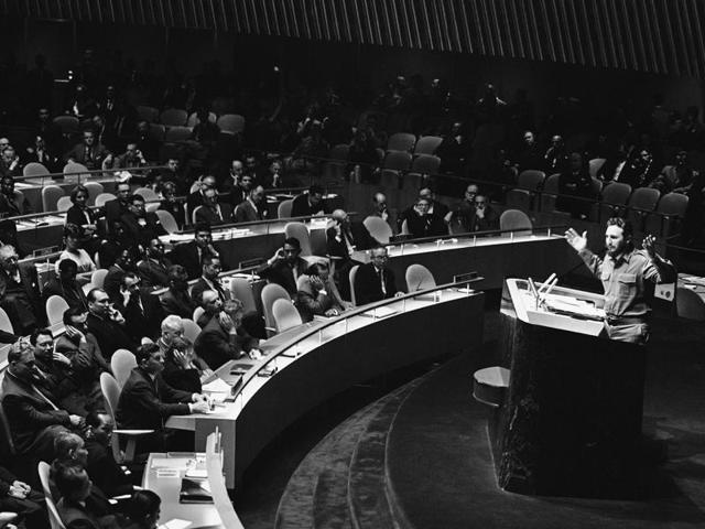 In this September 26, 1960 file photo, clad in his trademark green military fatigues, Cuban leader Fidel Castro denounces the United States in the longest timed speech ever in the U.N. General Assembly.  (AP) 