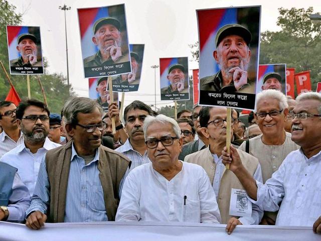 Left Front leaders in Kolkata march during a rally to pay their respect to Cuban leader Fidel Castro on Saturday. (PTI) Left Front leaders in Kolkata march during a rally to pay their respect to Cuban leader Fidel Castro on Saturday. (PTI)