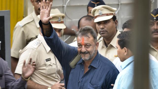 A still in which Sanjay Dutt is seen walking out of Yerwada jail. (Satish Bate/HT Photo)