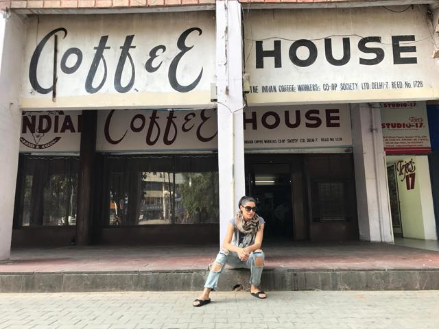 Nargis Fakhri poses in front of Chandigarh’s famous Coffee House. (HT Photo)
