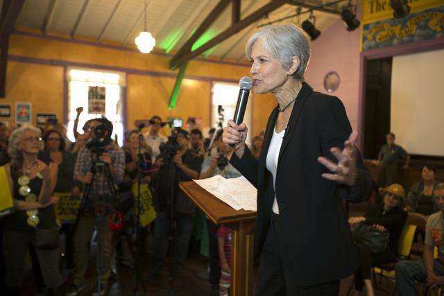 Green party presidential candidate Jill Stein delivers a stump speech to her supporters during a campaign stop at Humanist Hall in Oakland on October 6, 2016. (AP) Green party presidential candidate Jill Stein delivers a stump speech to her supporters during a campaign stop at Humanist Hall in Oakland on October 6, 2016. (AP)