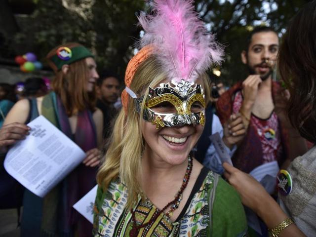 Gay rights activists and their supporters march during the Delhi Queer Pride Parade in New Delhi on Sunday. (Virendra Singh Gosain/HT PHOTO) Gay rights activists and their supporters march during the Delhi Queer Pride Parade in New Delhi on Sunday. (Virendra Singh Gosain/HT PHOTO)