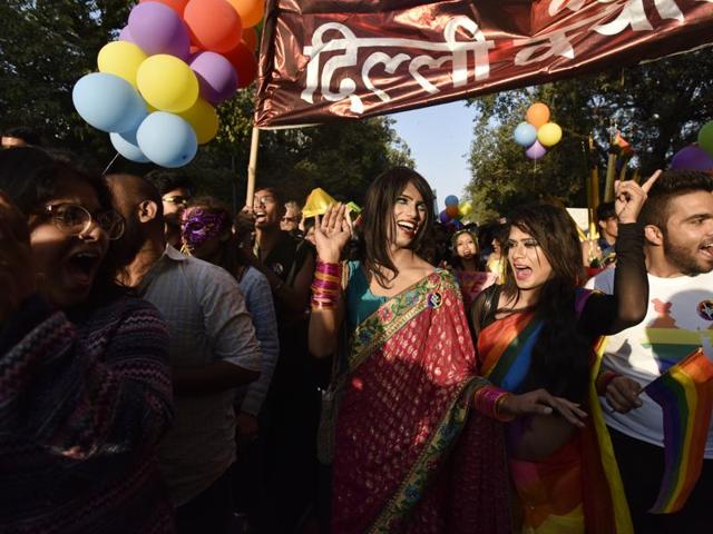 Gay rights activists and their supporters during the Delhi Queer Pride Parade on Sunday. (Virendra Singh Gosain/HT PHOTO) Gay rights activists and their supporters during the Delhi Queer Pride Parade on Sunday. (Virendra Singh Gosain/HT PHOTO)
