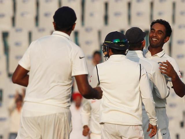 Jayant Yadav complimented Ravichandran Ashwin as he picked up a wicket later in the day.(Photo by: Deepak Malik/ BCCI/ SPORTZPICS)