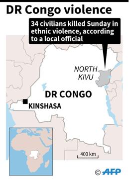 Map showing North Kivu in DR Congo where 34 civilians were killed in ethnic violence Sunday according to a local official. (AFP) Map showing North Kivu in DR Congo where 34 civilians were killed in ethnic violence Sunday according to a local official. (AFP)