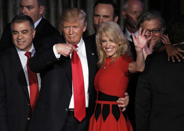 Donald Trump and his campaign manager Kellyanne Conway greet supporters during his election night rally in Manhattan, New York, on November 9. (Reuters file) Donald Trump and his campaign manager Kellyanne Conway greet supporters during his election night rally in Manhattan, New York, on November 9. (Reuters file)