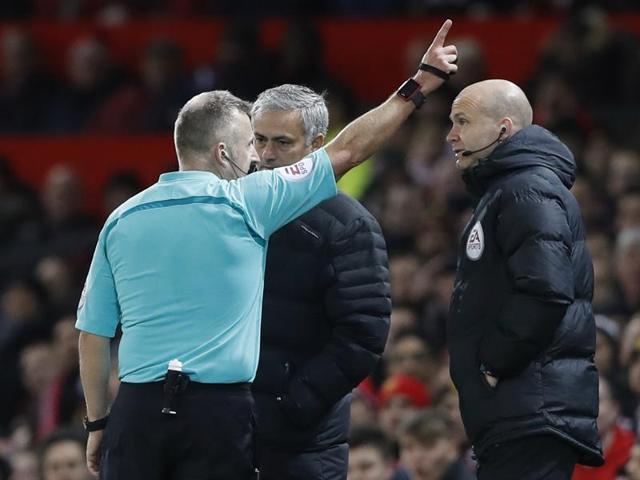 Jose Mourinho’s crime was simple petulance, booting a bottle down the touchline in the 27th minute after what he felt was an unjust booking for Paul Pogba. (REUTERS) Jose Mourinho’s crime was simple petulance, booting a bottle down the touchline in the 27th minute after what he felt was an unjust booking for Paul Pogba. (REUTERS)