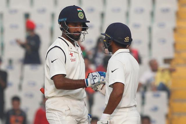 Parthiv Patel and Cheteshwar Pujara strung a good partnership as India closed in on victory in Mohali. (Photo by: Deepak Malik/ BCCI/ SPORTZPICS)