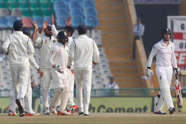 Ravindra Jadeja struck with his first ball on day 4 as he removed Gareth Batty for 0. (Photo by: Deepak Malik/ BCCI/ SPORTZPICS) Ravindra Jadeja struck with his first ball on day 4 as he removed Gareth Batty for 0. (Photo by: Deepak Malik/ BCCI/ SPORTZPICS)