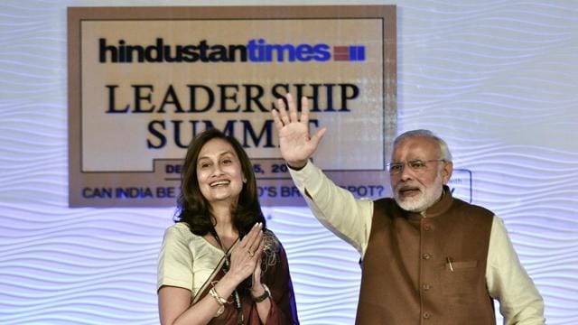 Prime Minister Narendra Modi along with HT Chairperson and Editorial Director, Shobhana Bhartia, during last year’s Hindustan Times Leadership Summit in New Delhi.  (gurinder osan/hindustan times) 