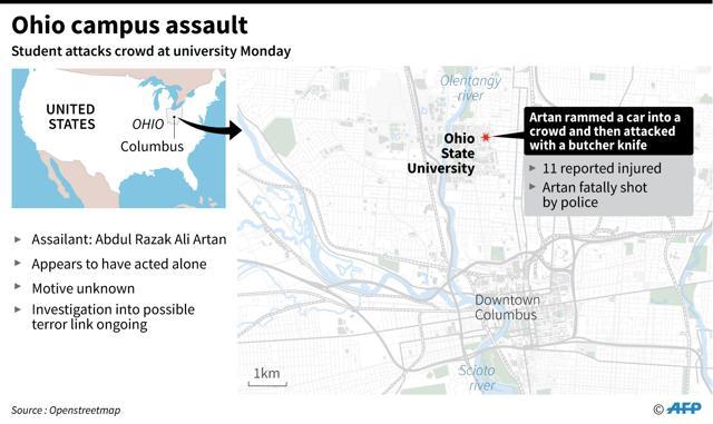 Map showing Ohio state university where a student rammed a car into a crowd Monday and attacked people with knife before being shot dead by police. (AFP) Map showing Ohio state university where a student rammed a car into a crowd Monday and attacked people with knife before being shot dead by police. (AFP)