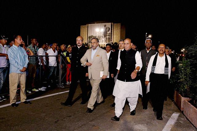 A Parliamentary delegation led by the Union home minister, Rajnath Singh, proceeding to Jose Marti Revolution Square to pay tribute to Fidel Castro in Havana  (PTI)