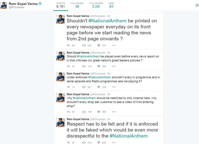 RGV is on a Twitter rant again, this time against the recent ruling of the Supreme Court that orders cinema halls to play the national anthem before every show.