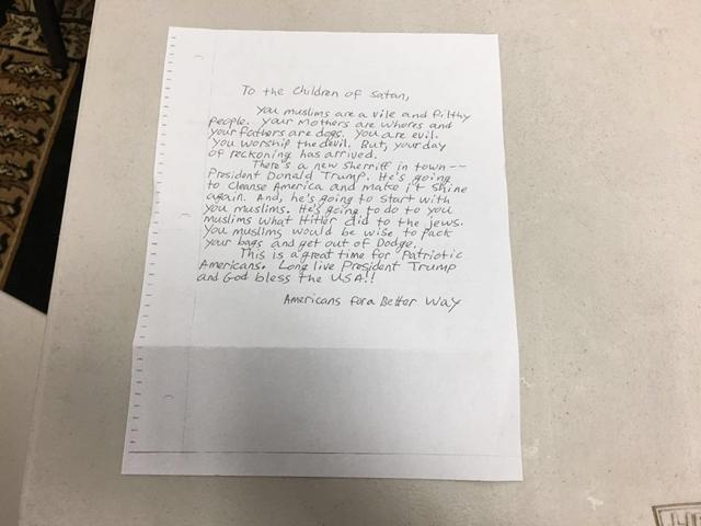 An anonymous group calling itself “Americans for a Better Way” has sent a letter to at least five California mosques and another one in Georgia. (Facebook Photo from Council of American-Islamic Relations) An anonymous group calling itself “Americans for a Better Way” has sent a letter to at least five California mosques and another one in Georgia. (Facebook Photo from Council of American-Islamic Relations)
