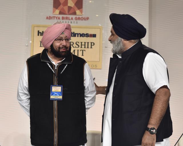 Amarinder and Sukhbir at the HT Leadership Summit at Taj Palace, New Delhi, on Friday, December 2. (Vipin Kumar/HT)