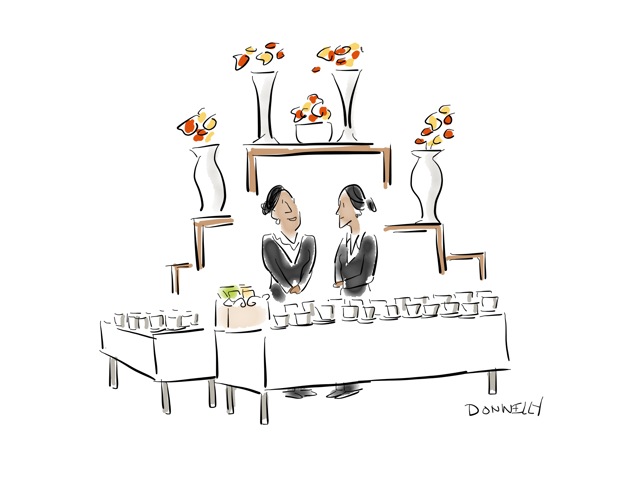 Grab a cup of coffee while waiting for today’s sessions to begin. (Live sketch by Liza Donnelly) Grab a cup of coffee while waiting for today’s sessions to begin. (Live sketch by Liza Donnelly)
