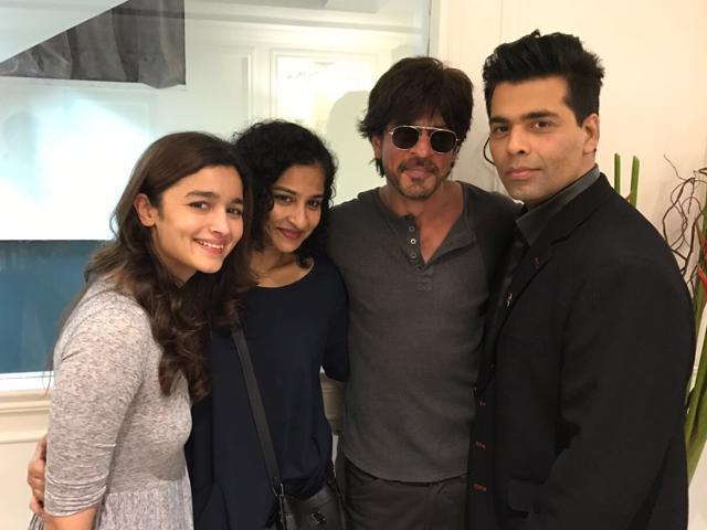 Alia Bhatt with director Gauri Shinde, Shah Rukh Khan and Karan Johar. (HT Photo) Alia Bhatt with director Gauri Shinde, Shah Rukh Khan and Karan Johar. (HT Photo)