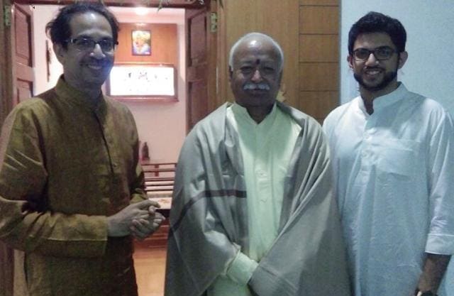 (From left) Shiv Sena chief Uddhav Thackeray, RSS chief Mohan Bhagwat and Aaditya Thackeray at Mahal, Nagpur, on Sunday. (Sunny Shende) (From left) Shiv Sena chief Uddhav Thackeray, RSS chief Mohan Bhagwat and Aaditya Thackeray at Mahal, Nagpur, on Sunday. (Sunny Shende)