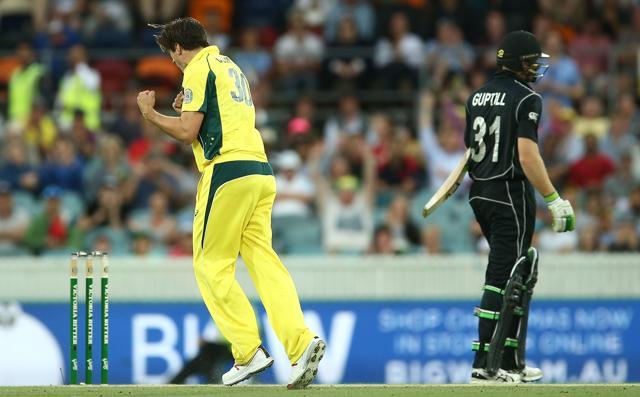 New Zealand got off to a bad start as Pat Cummins snapped up Martin Guptill. (Getty Images) New Zealand got off to a bad start as Pat Cummins snapped up Martin Guptill. (Getty Images)