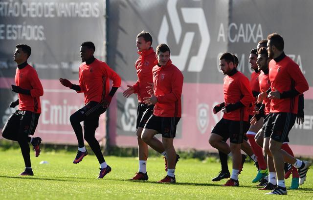 Benfica's defender Nelson Semedo (2ndL) and teammates take part in a training session at the club's training grounds in Seixal. (AFP) Benfica's defender Nelson Semedo (2ndL) and teammates take part in a training session at the club's training grounds in Seixal. (AFP)