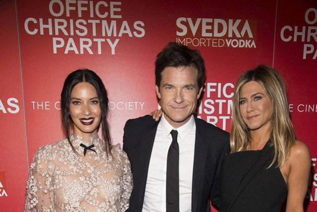 Olivia Munn, Jason Bateman and Jennifer Aniston attend a screening of Office Christmas Party, hosted by Paramount Pictures and The Cinema Society, at the Landmark Sunshine Cinema. (AP)