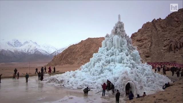 Ice Stupas are built during winter, so that the water from it when it starts melting can be used in late spring Ice Stupas are built during winter, so that the water from it when it starts melting can be used in late spring