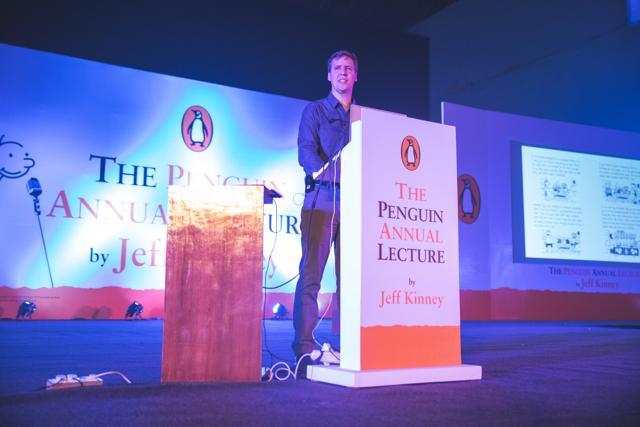Jeff Kinney delivering the Penguin Annual Lecture at Jawaharlal Nehru Stadium, New Delhi, on December 6, 2016 Jeff Kinney delivering the Penguin Annual Lecture at Jawaharlal Nehru Stadium, New Delhi, on December 6, 2016