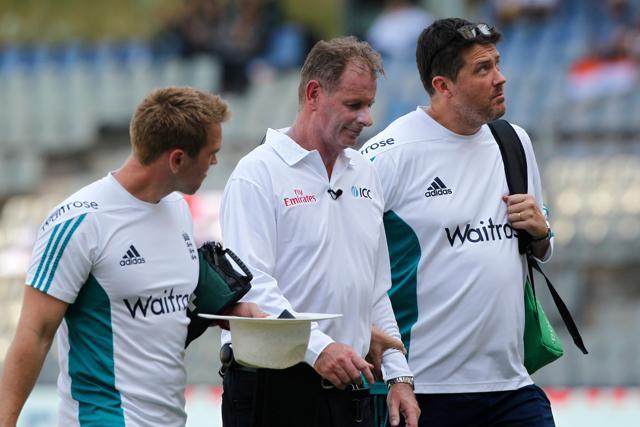 Umpire Paul Reiffel was headed to the hospital after getting hit by a ball on the back of his head during the Wankhede Test between India vs England. (Photo by: Deepak Malik/ BCCI/ SPORTZPICS)
