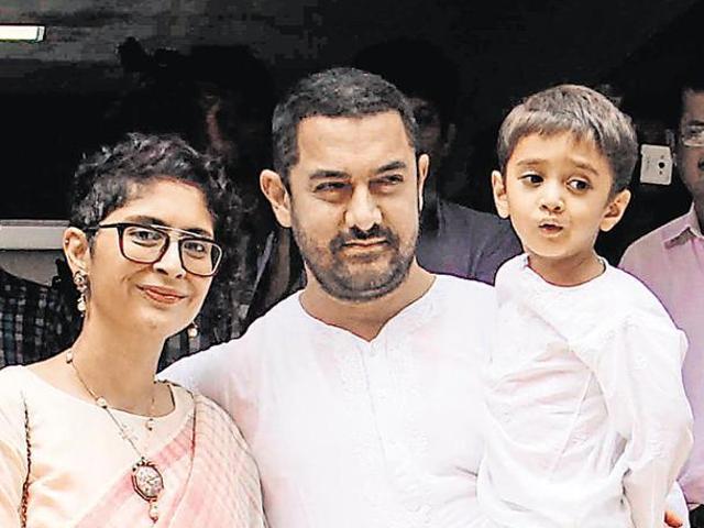 Aamir Khan with wife Kiran Rao and their son, Azad Rao Khan. (HT Photo)