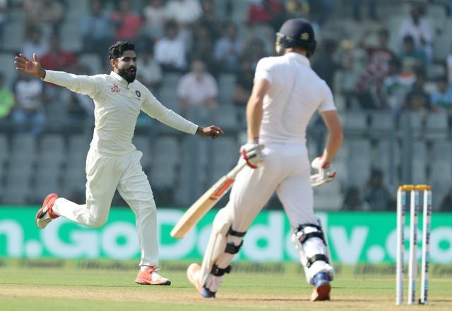 Ravindra Jadeja got the wicket of Chris Woakes as India continued to make inroads in the Wankhede Test against England. (BCCI)