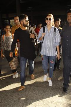 Actor Anushka Sharma was spotted at Mumbai airport wearing denim with embroidered patches. (Viral Bhayani)